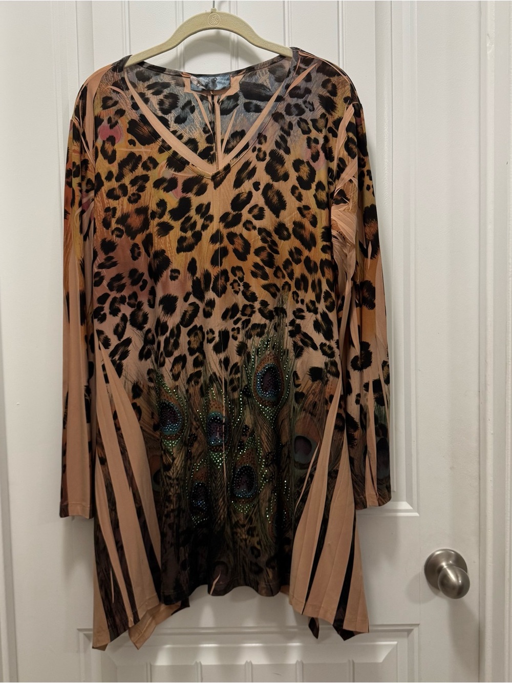 Cover Charge Women’s XL Tunic Peacock Leopard Boho Rhinestone Bling Asymmetric